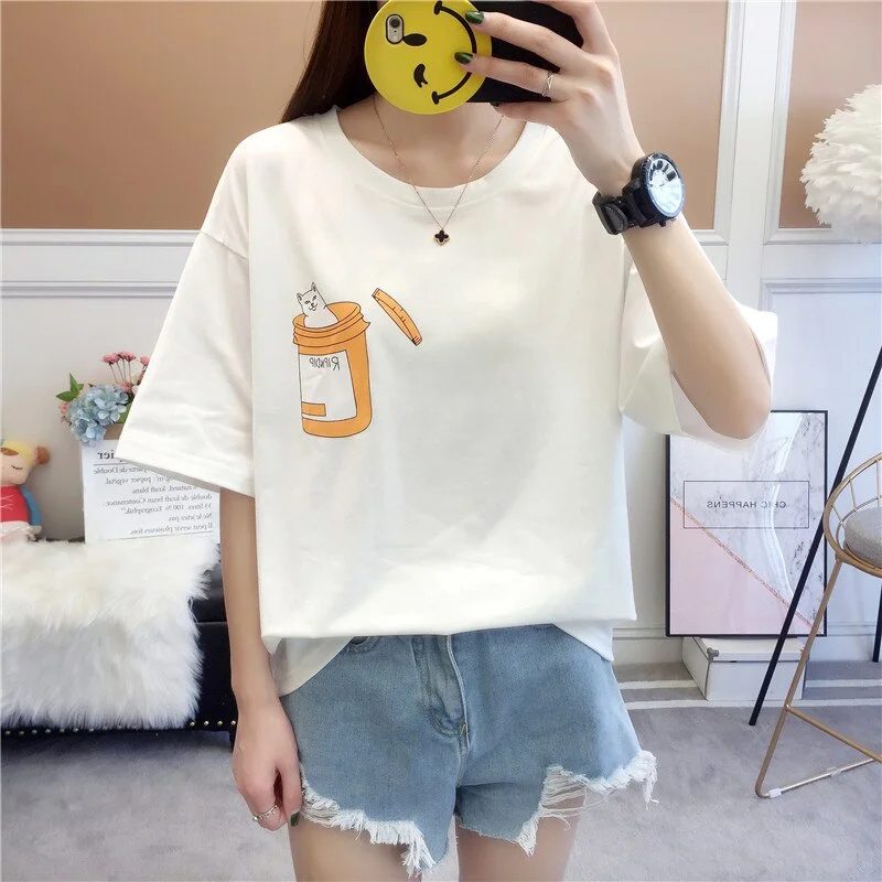 korean Women Casual T Shirt 90s Girl kawaii cartoon print Loose tshirt harajuku Short Sleeve Tees O Neck T-Shirts Daily Clothing