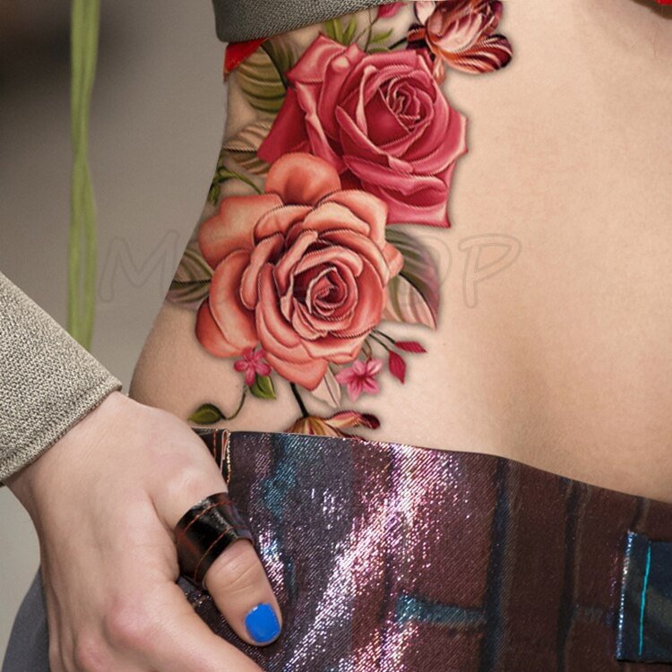 Pink Bloom Rose Water Transfer Fake Tattoo Stickers Women Body Chest Art Temporary Waist Bracelet Flash Tatoos Flower For Girl