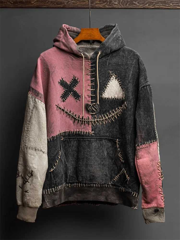 Halloween Stitched Face Colorblock Patchwork Washed Hoodie