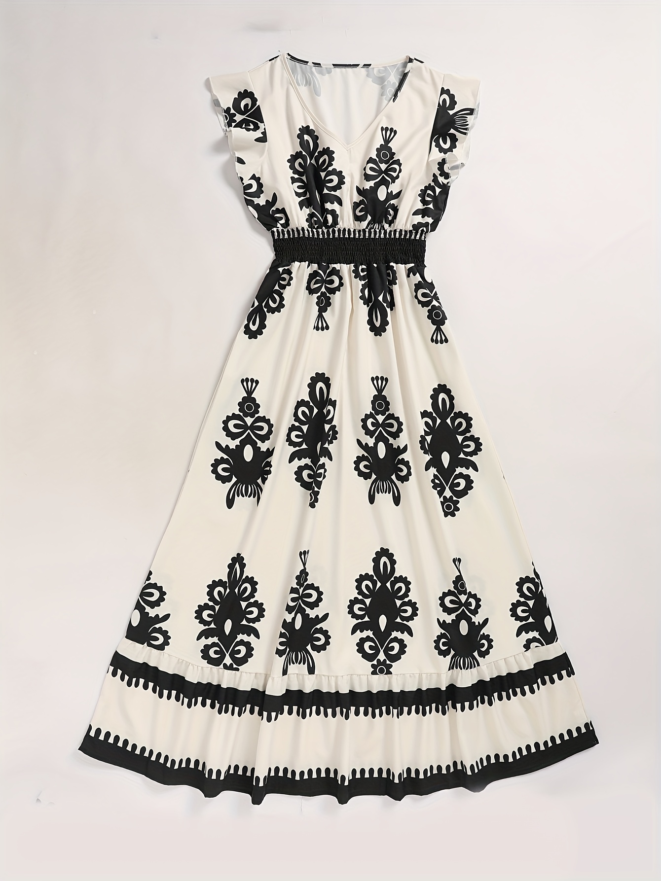 Womens Floral Print V-neck A-line Dress With Ruffled Cap Sleeves And Cinched waist Spring | IFYHOME