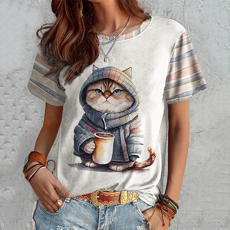 VChics Cute Cat Print Crew Neck T-Shirt