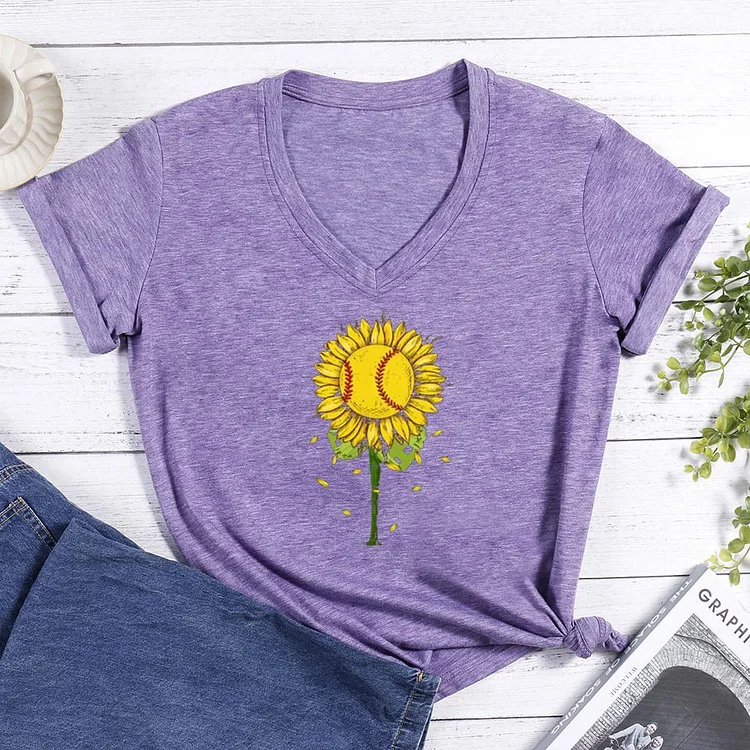 Sunflower baseball V-neck T Shirt-Annaletters