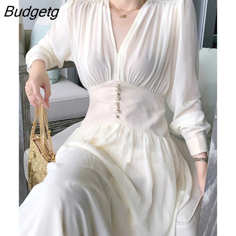 Budgetg Dresses for Women Party Solid Long Sleeve Fairy Office Lady Sexy V-neck Loose Midi Dress Elegant Autumn Clothing Female