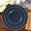 10 Pack | 8" Navy Blue Hard Plastic Dessert Appetizer Plates, Disposable Tableware, Baroque Heavy Duty Salad Plates with Gold Rim
