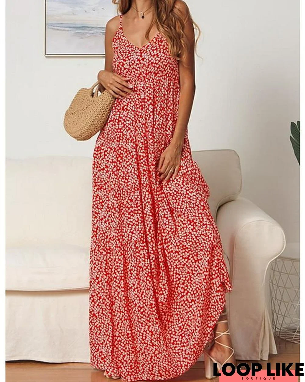 Women's Strap Dress Maxi Long Dress Sleeveless Print Hot Red Navy Blue