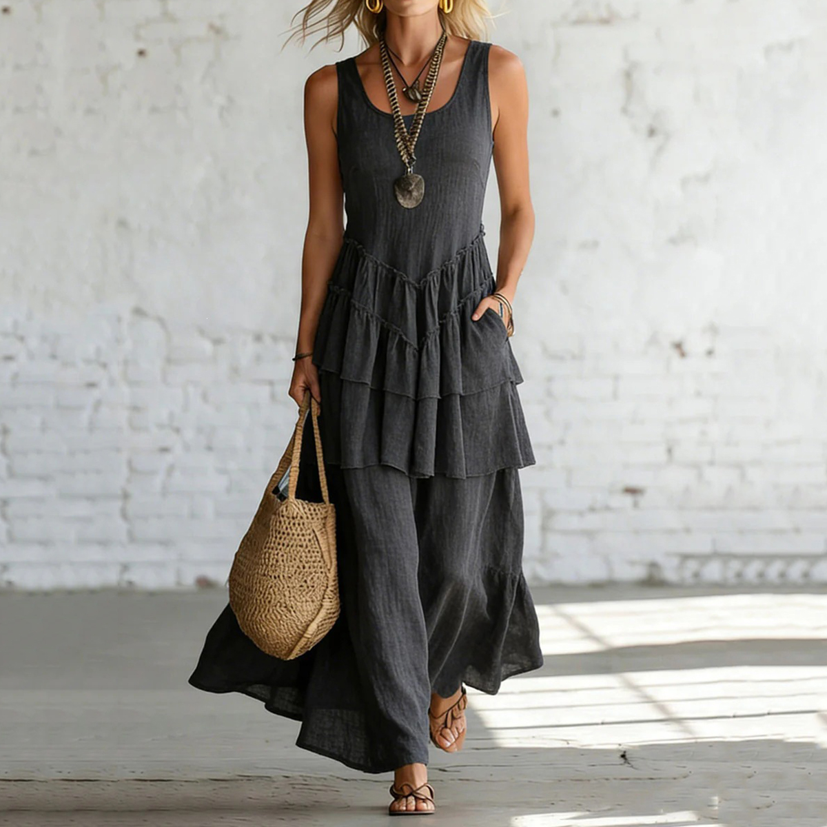 Women's Elegant Linen Loose Tiered Skirt Dress elevenforest