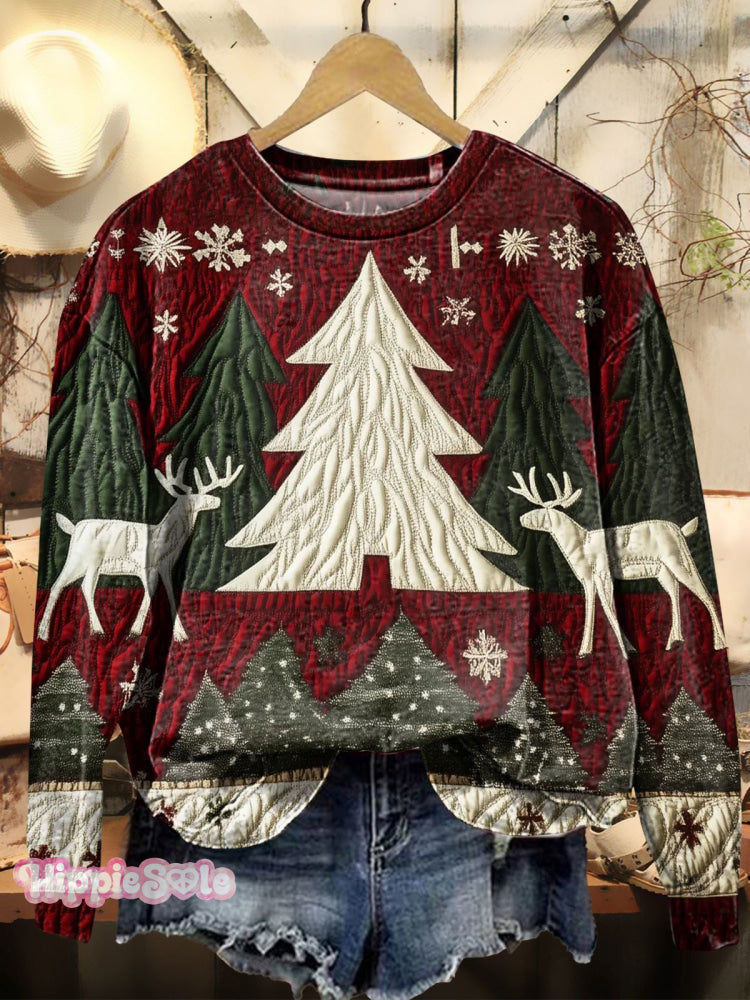 Women’s Christmas Tree Elk Textured Prints Casual Sweatshirt Multicolor / S