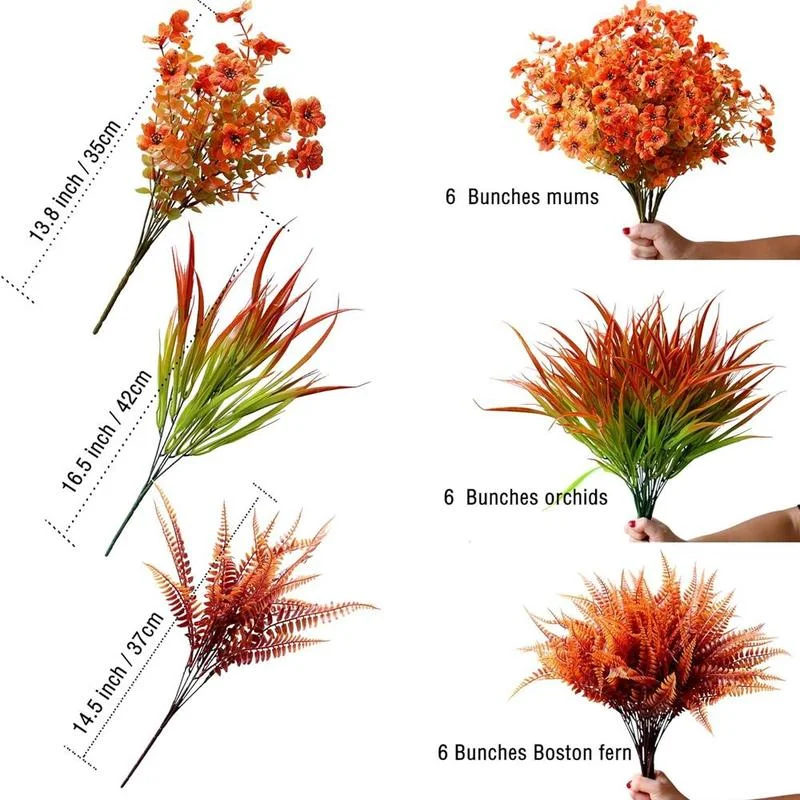Artificial Pumpkin Flower Plant Decoration, 18pcs/set Faux Fall Flowers Grass Ferns Arrangements, UV Resistant Outside Faux Fall Greenery for Pot Garden Window Box Patio Home, Fruit, Halloween, Artificial Mixed Flower
