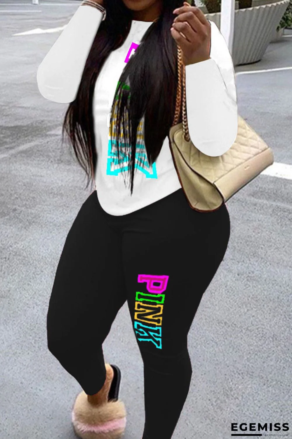 Black Casual Street Sportswear Print Patchwork O Neck Long Sleeve Two Pieces | EGEMISS