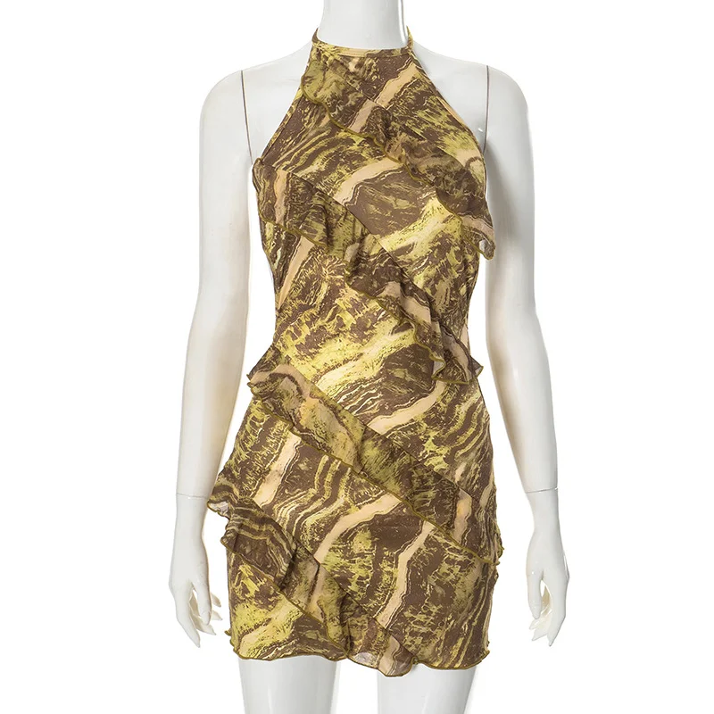 Uveng Uveng Women's Summer New Color Print Sleeveless Hanging Neck Tie Rope Big Bare Back Sexy Dress