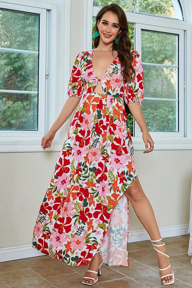 Cherley Puff Sleeve V Neck Floral Print Cutout Slit Maxi Dresses