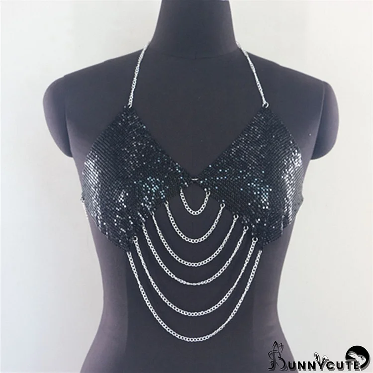 Women Summer Rhinestone Layered Tassel Chain Halter Top