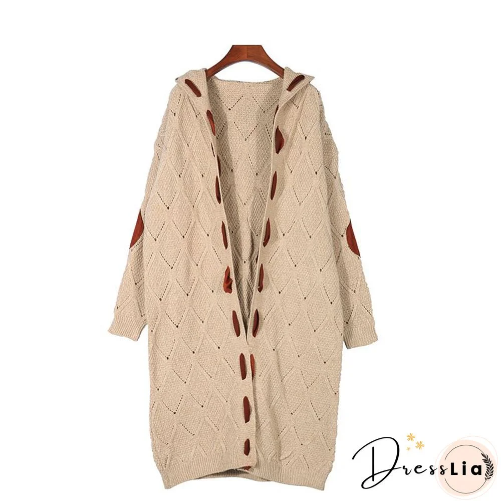 Elegant Hollow Out Braided Long Cardigan Sweater Coat With Hood
