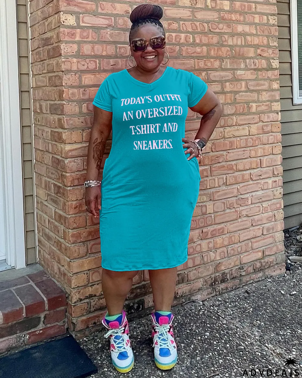 Plus Size Letter Print V Neck Short Sleeve T Shirt Dress