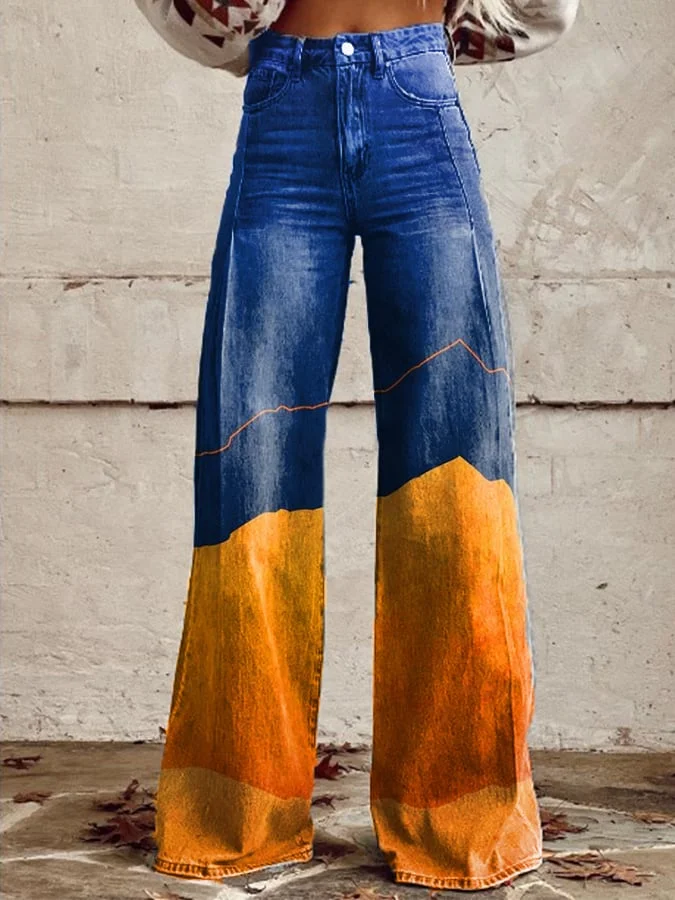 Women's Retro Gradient Color Block Wide Leg Pants