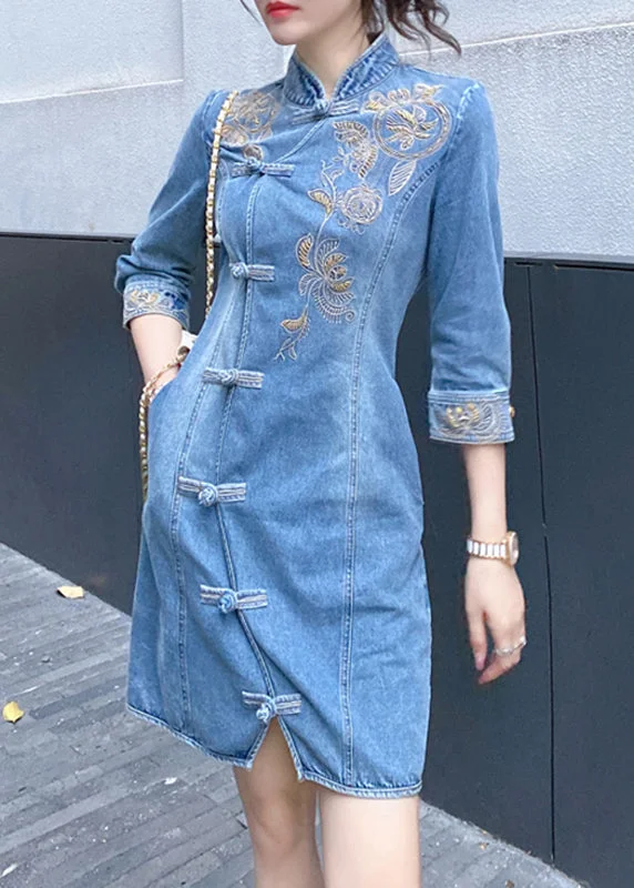 Slim Fit Blue Embroideried Floral Button Denim Mid Dresses Bracelet Sleeve