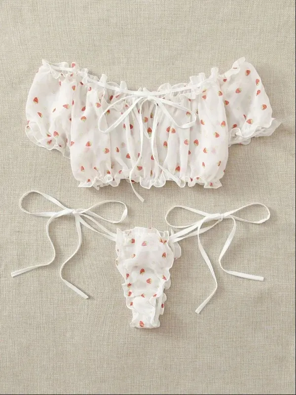 Churchf Sex Lingerie Sexy Women's Side-Swear Tective Yarn Printed Lingerie Set