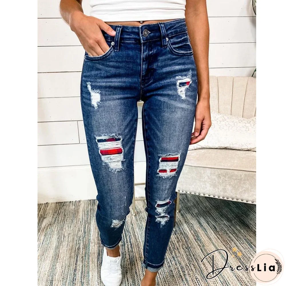 Womens Jeans Printed Patch Ripped Hole Washed Denim Trouser