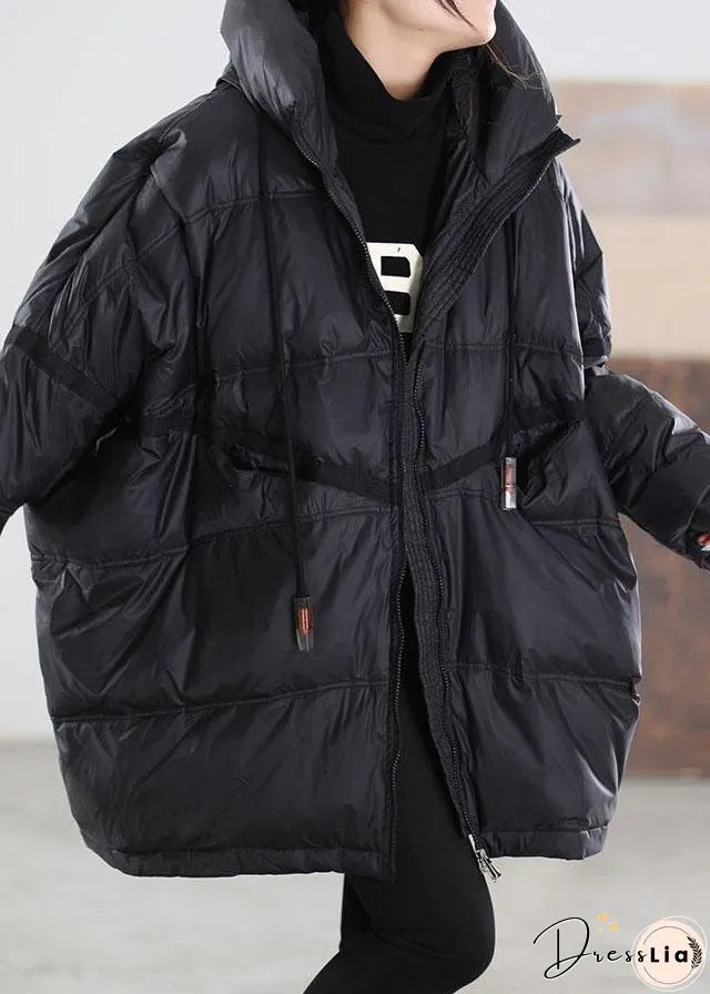 Women Black Hooded drawstring Duck Down Down Jacket Winter