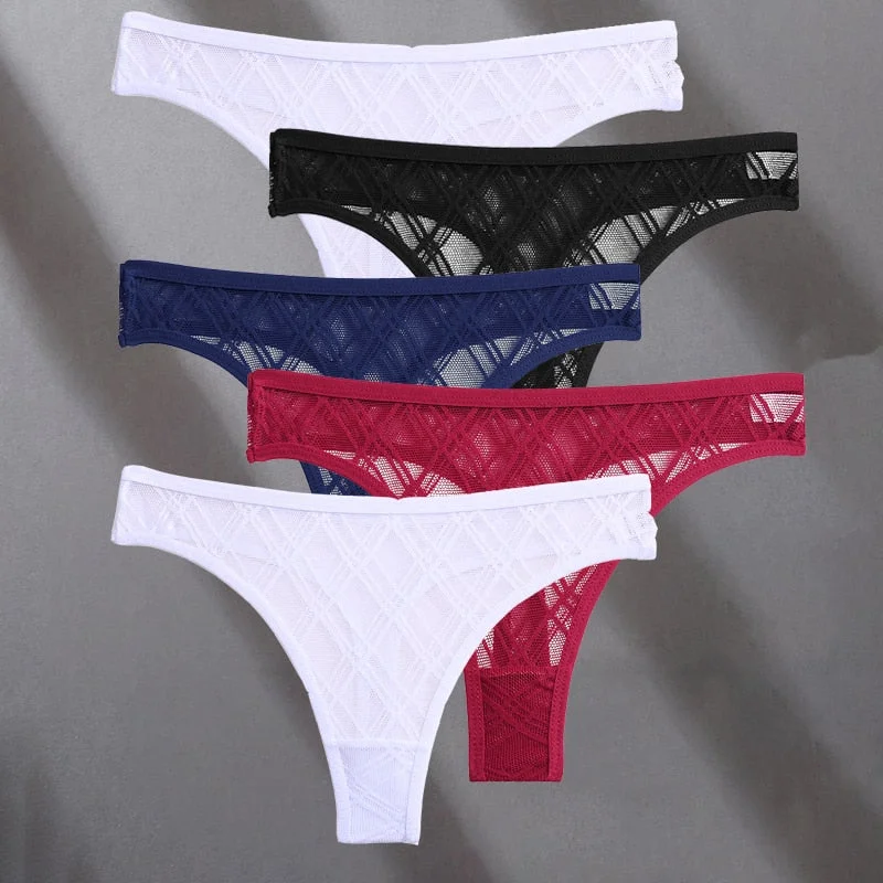FINETOO 5PCS/Set Lace Sexy Women Thongs Floral Perspective G-string Lingerie Panties Low-Waist Femme Girls Underwear Mesh Pantys