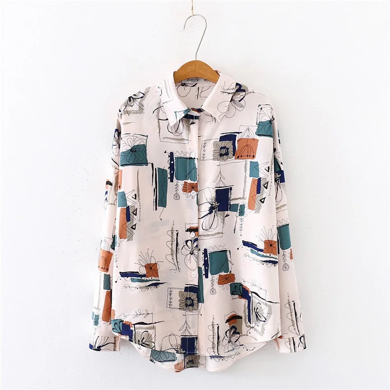 2020 Summer New Women Painting Print Chiffon Blouse Autumn Long Sleeve Black Shirt Vintage Oversize Tops Casual Feminina Blusa T