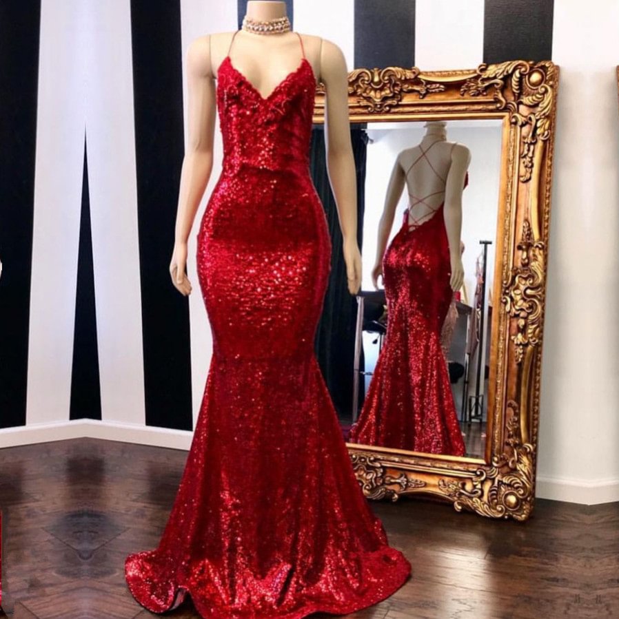 Red Spaghetti Straps Mermaid Long Prom Dress With Sequins Pd0686 1882