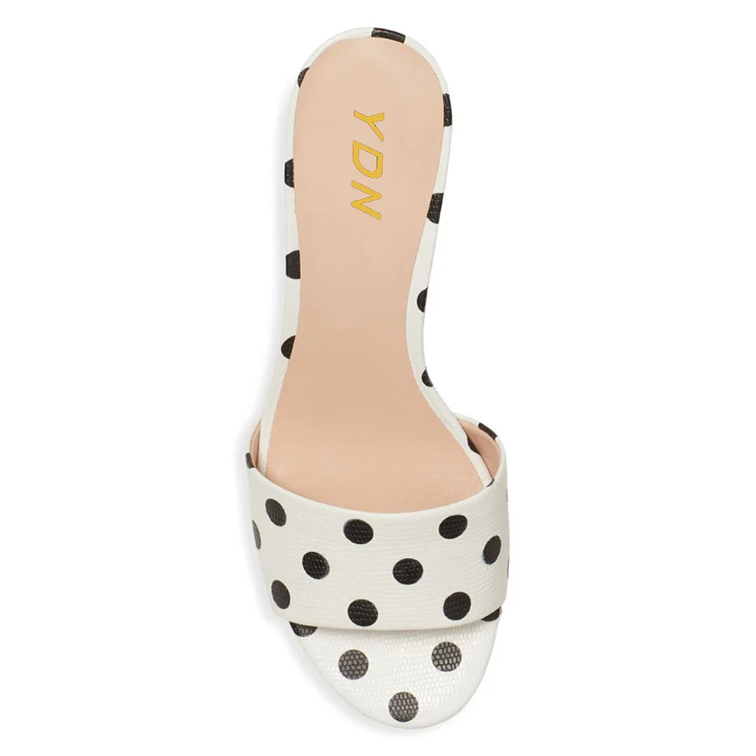 Black & White Polka-Dot Vegan Leather Wide-Band Kitten Heel Mules 