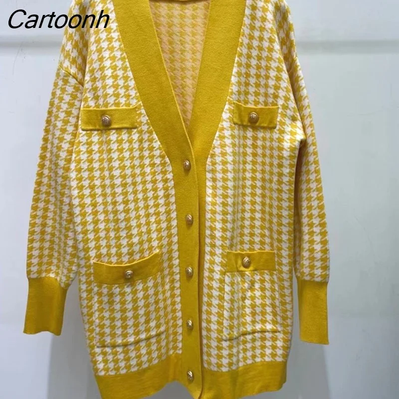 Cartoonh Long Knitted Pink Cardigan Female Autumn Winter Drop Shoulder Sweater Coat Basic Button Women's Houndstooth Tops C-162