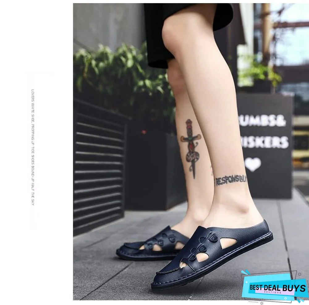 Men's Genuine Leather Sandals Shoes Summer Leisure Beach Sandals Slippers