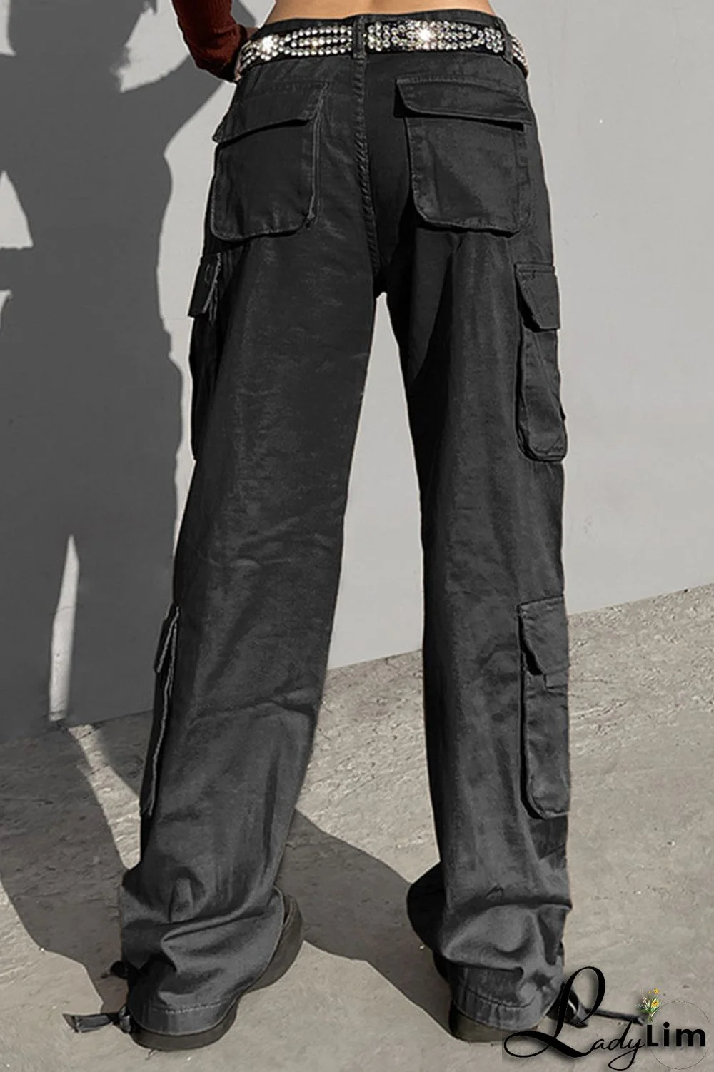 Green Street Solid Patchwork Pocket High Waist Straight Solid Color Bottoms