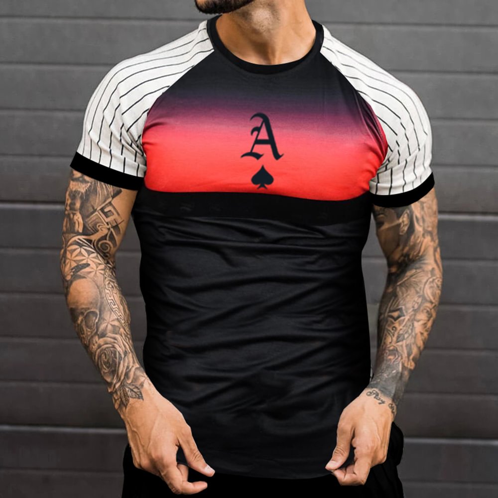 Men's Fashion Ace Of Spades Pattern Stripe Gradient Print Color Matching Casual Slim Short Sleeve T-Shirt-Compassnice®