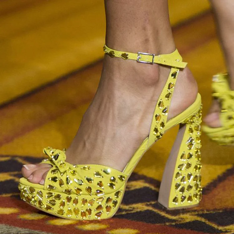 Classic Yellow Platform Sandals Women's Peep Toe Chunky Heel Party Rhinestones Shoes |FSJ Shoes