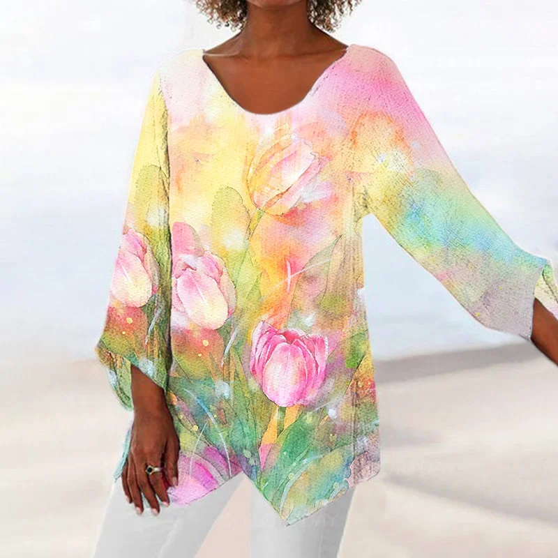 Pink Tulip Painting Printed Long Sleeve Tops