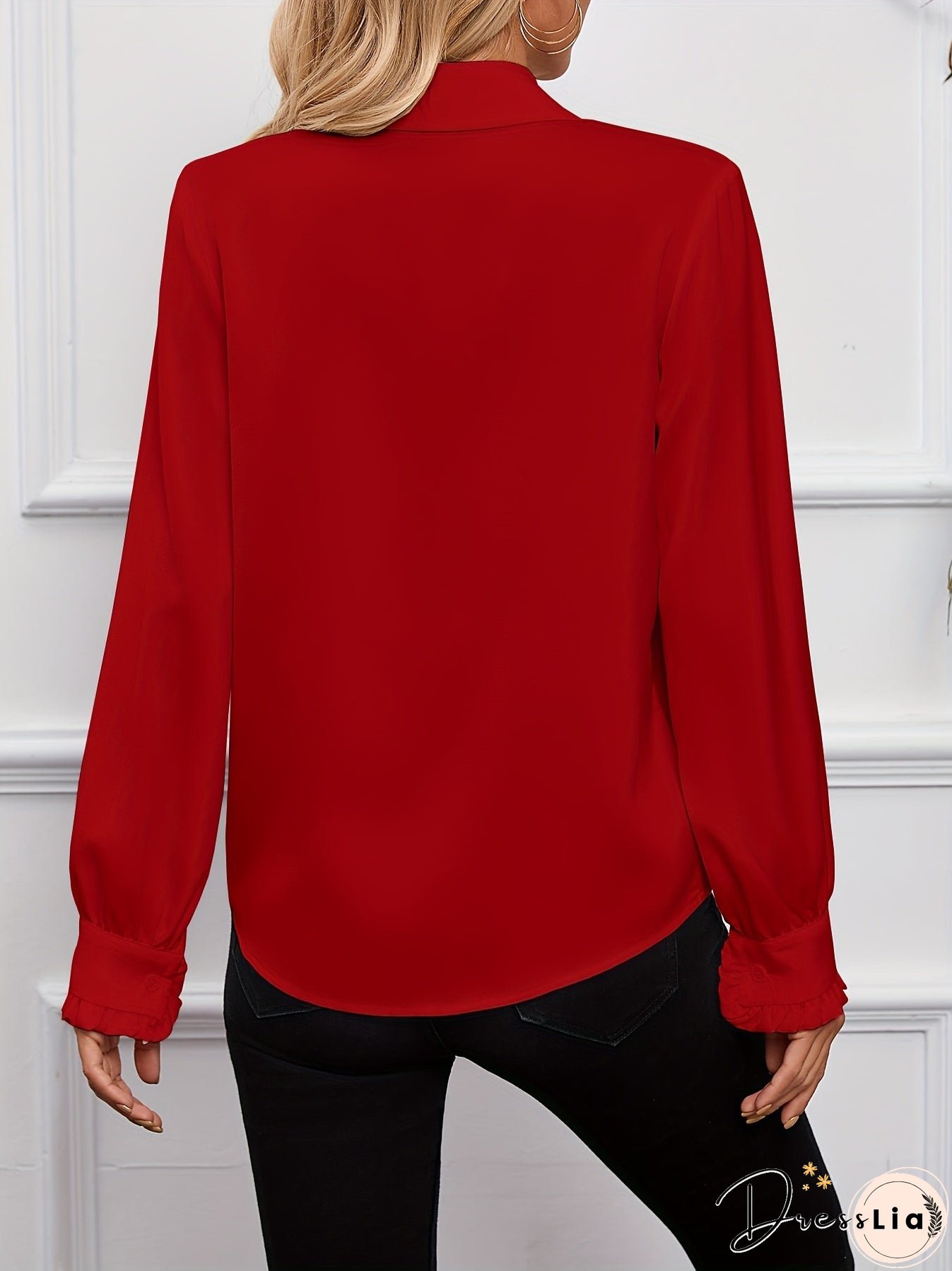 Ruffle Trim Solid Blouse, Elegant Long Sleeve Work Blouse, Women's Clothing