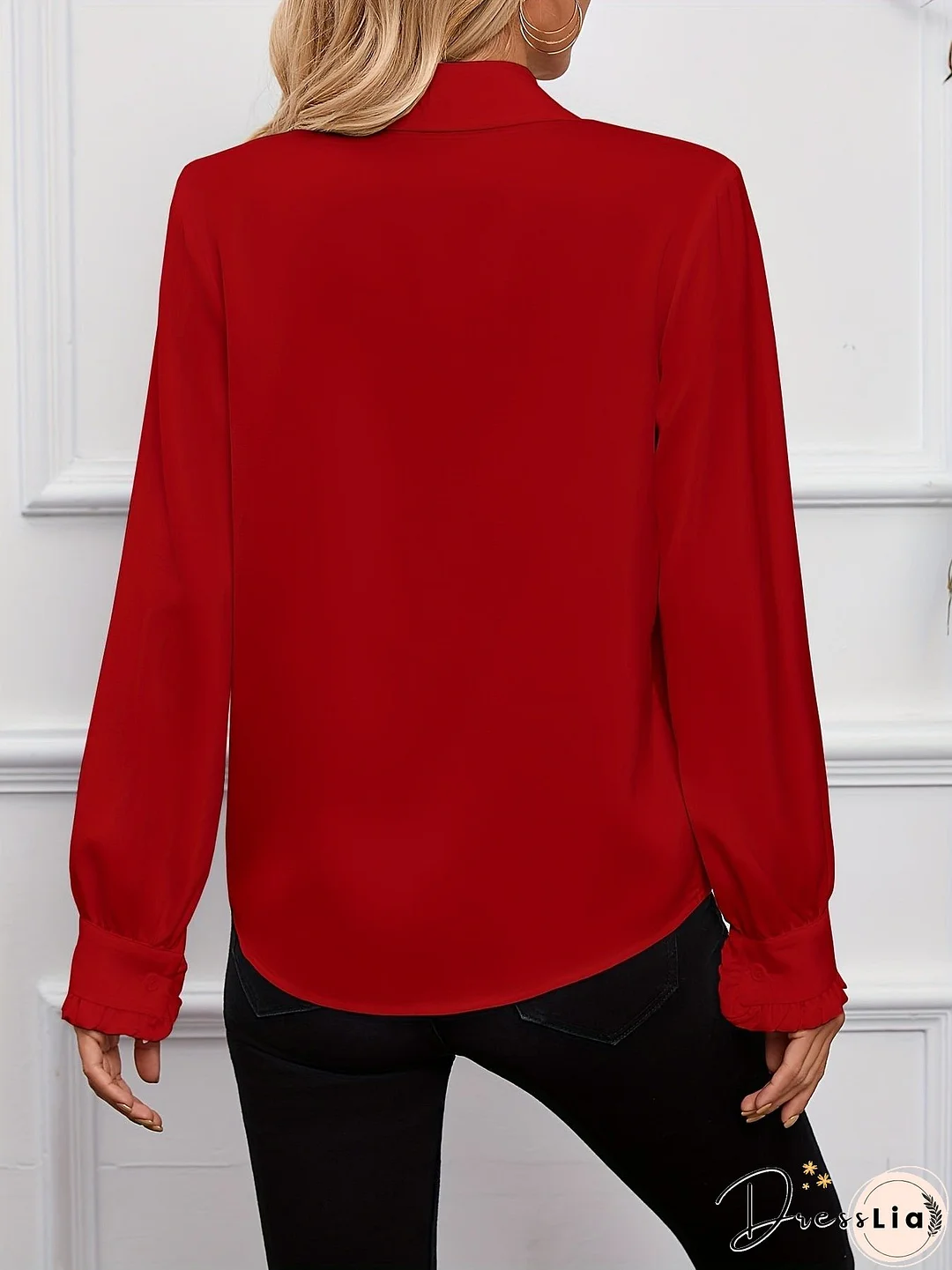 Ruffle Trim Solid Blouse, Elegant Long Sleeve Work Blouse, Women's Clothing