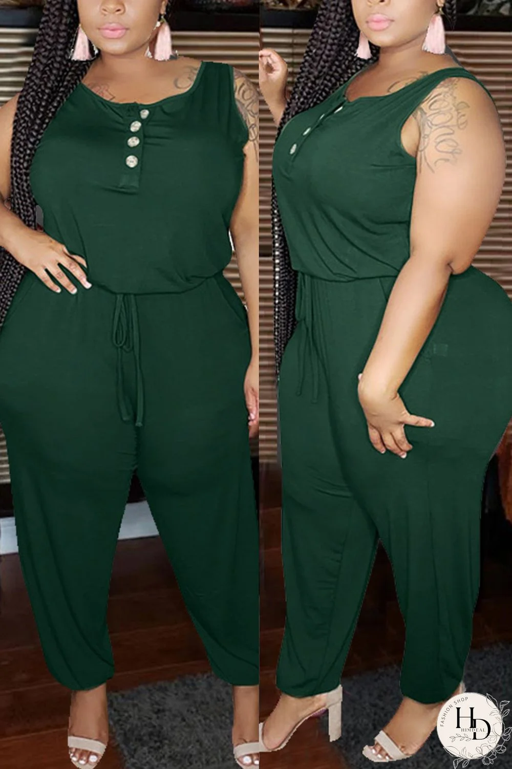 Ink Green Fashion Casual O Neck Sleeveless Spaghetti Strap Solid Plus Size Jumpsuit