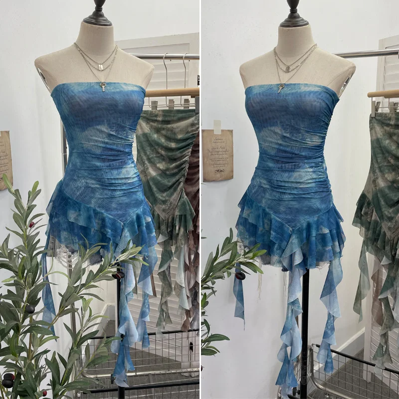 Nigikala Nigikala Shooting Hottie Sexy Shoulder Irregular Lotus Side Ribbon Bram Repair Print Sleeveless Top 1228