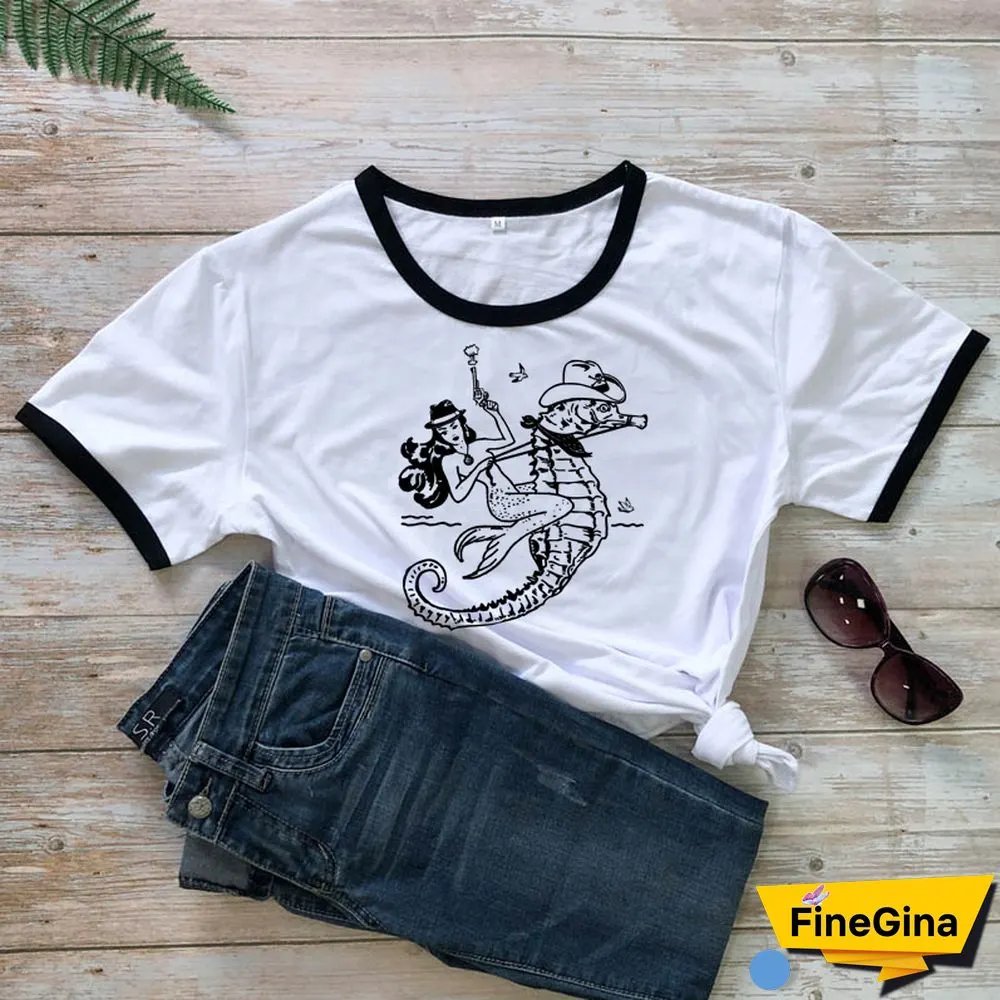 The Cowgirl Mermaid 100% Cotton T-shirt Aesthetic Sea-haw Rodeo Western Tshirt Funny Women Hipster Graphic Tee Shirt Top