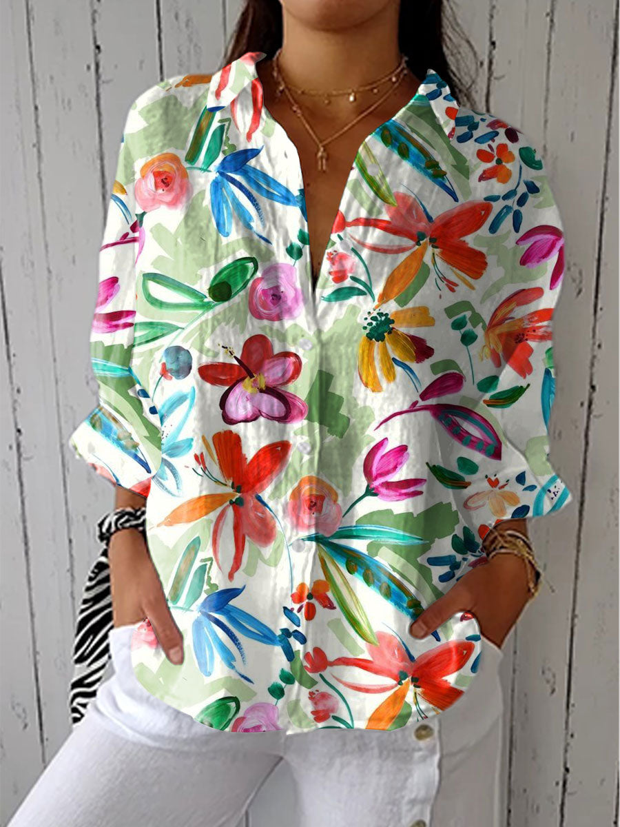 Women's Vintage Floral Art Print Casual Linen V-neck Shirt