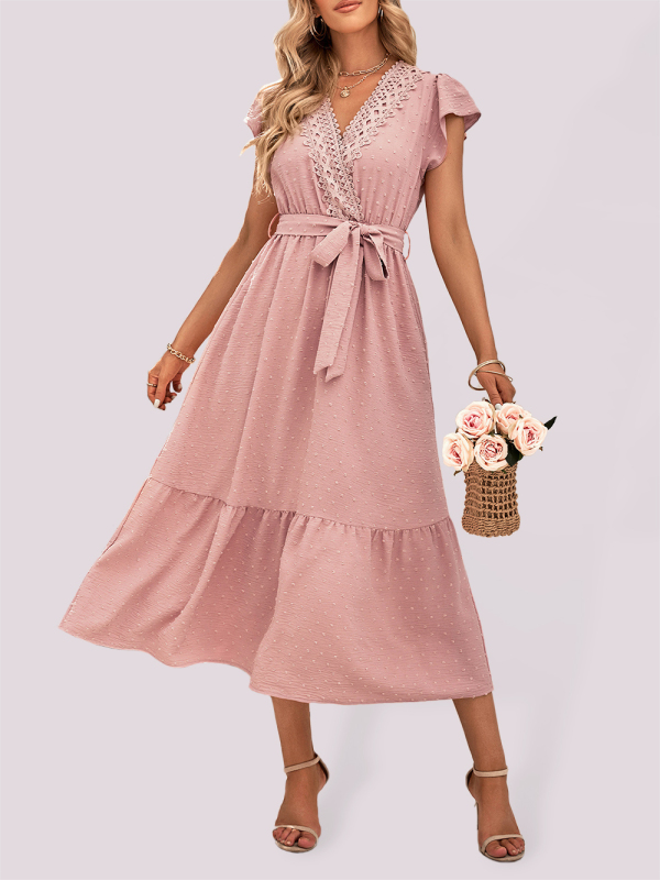 Mature Women Casual Summer New Tie Waist Lace V-neck Dress