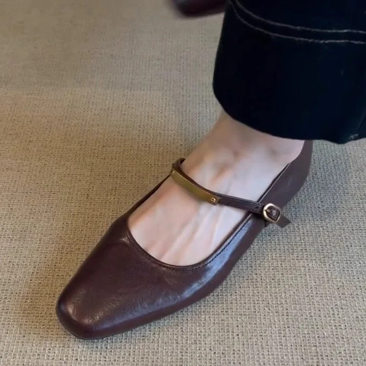 Yyvonne And Autumn 2025 New French Head Mary Treasure Shoes Metal Buckle Solid Flat Leather Shoes Single Shoes Single Shoes