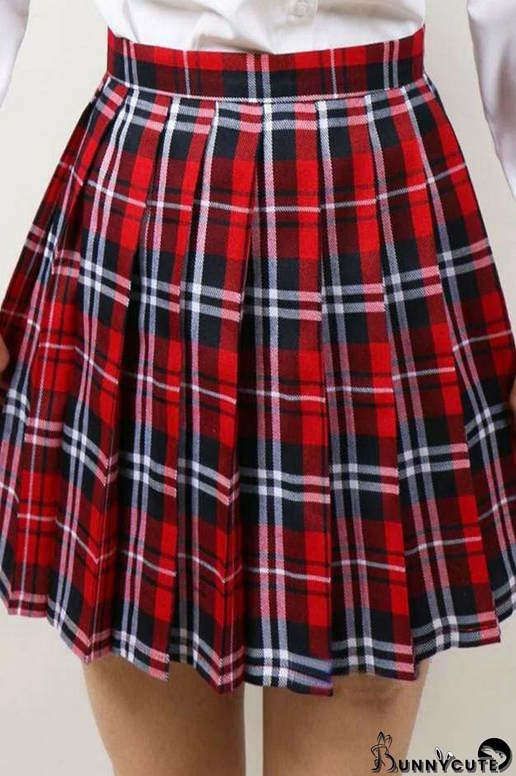 Red Casual Plaid Print Split Joint High Waist Type A Full Print Bottoms