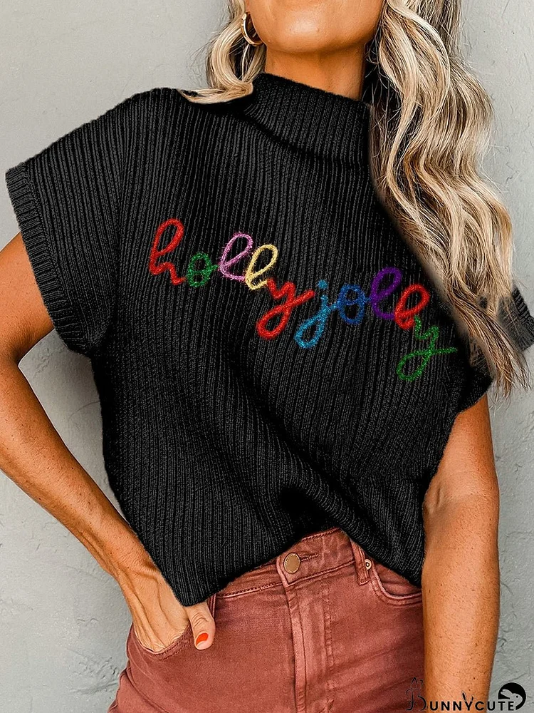 Festive Holly Jolly Black High Neck Short Sleeve Christmas Sweater