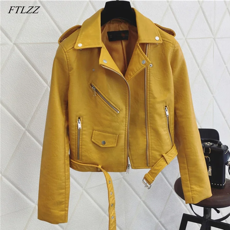 FTLZZ New Women Pu Leather Jacket Fashion Bright Color Black Motor Coats Short Faux Leather Biker Jackets Coat Female