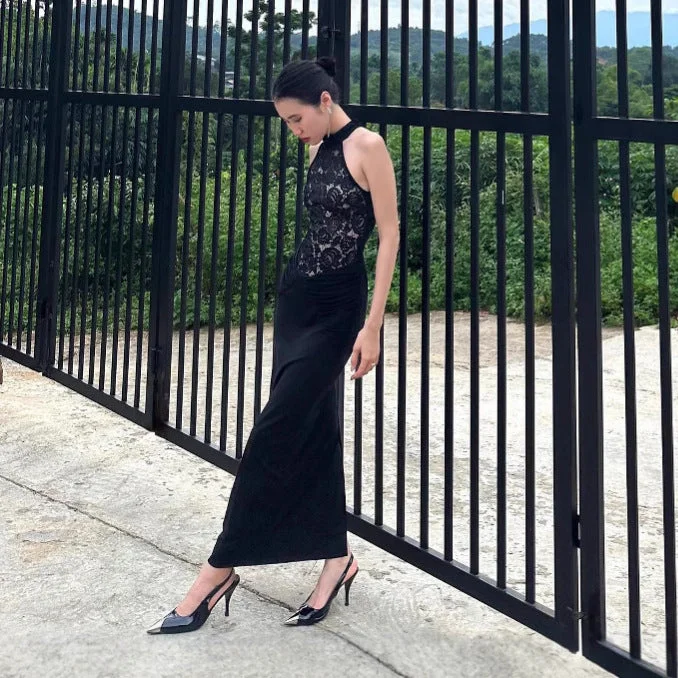 14313 Black Transparent Back Lace Dress