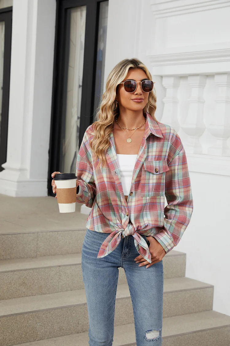 Women Plaid Shirt Blouse Long Sleeve Button Down Boyfriend Casual Check Shirts Classic Tops  Stunahome.com