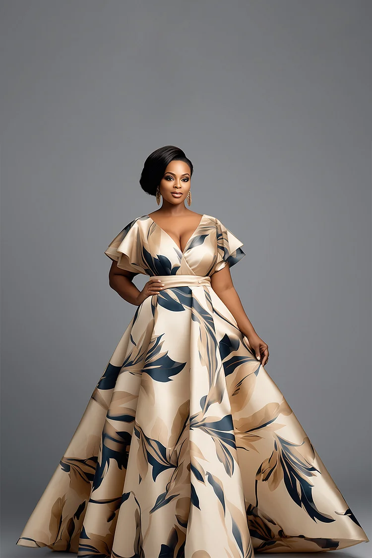 Xpluswear Design Plus Size Mother Of The Bride Champagne Floral Wrap Neck Short Sleeve Elegant Satin Maxi Dresses