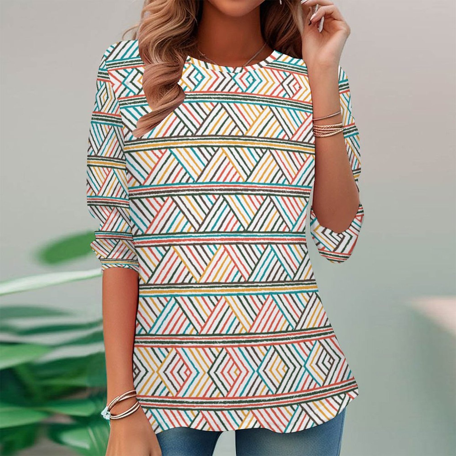 Women Long Sleeve V-neck Graphic Floral Printed Top