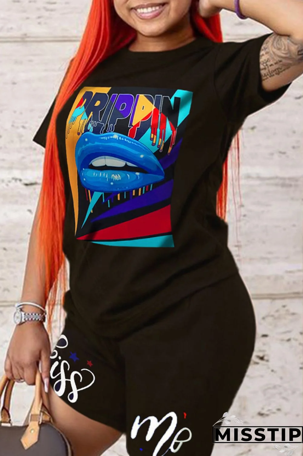 Black Fashion Casual Print Basic O Neck Short Sleeve Two Pieces