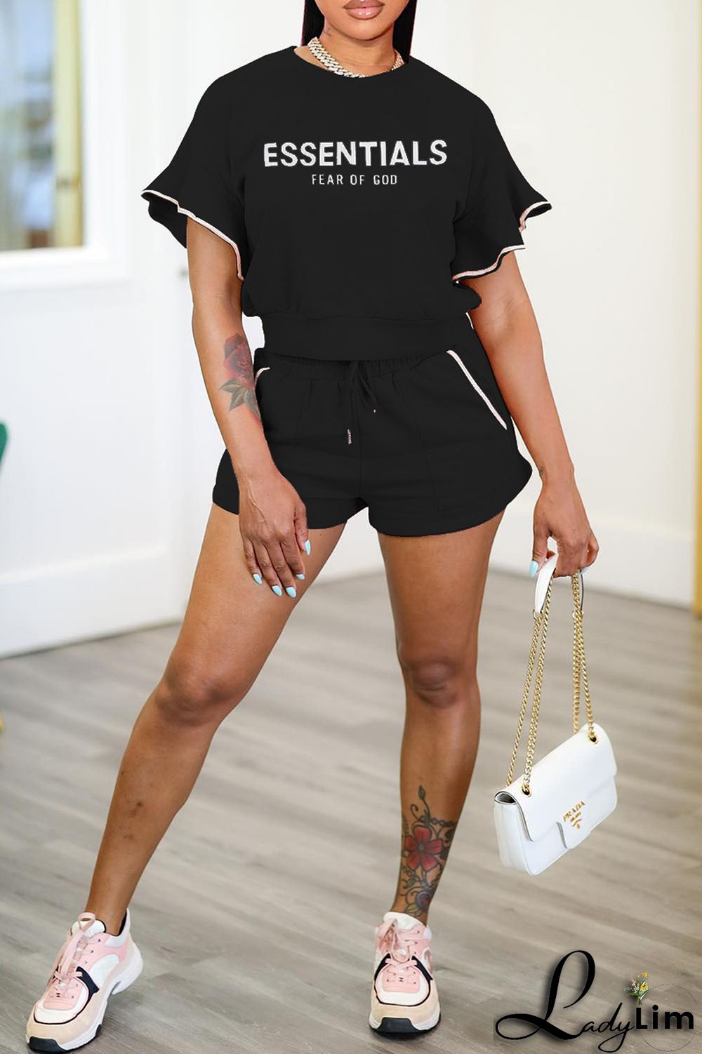 Blue Casual Letter Print Patchwork O Neck Short Sleeve Two Pieces